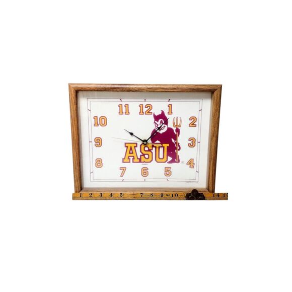 Vintage 70s Arizona Sun Devils ASU Wood Framed Glass Quartz Wall Clock 14" X 11" - Picture 7 of 8